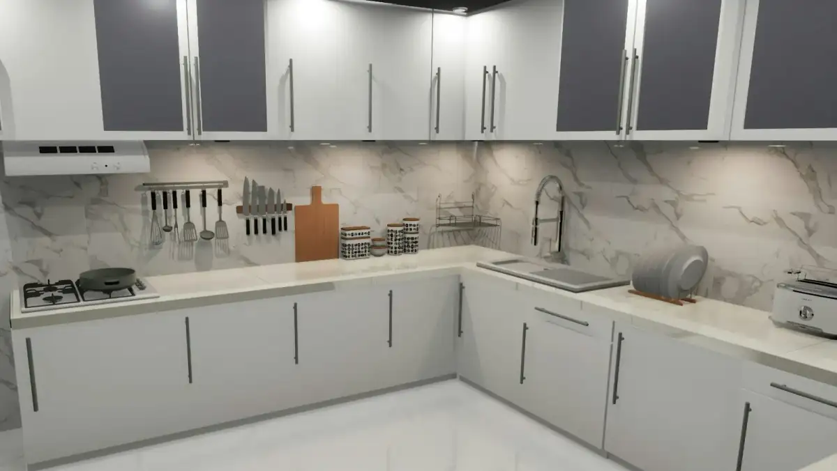 Modern fitted kitchen with white cabinetry and marble countertops