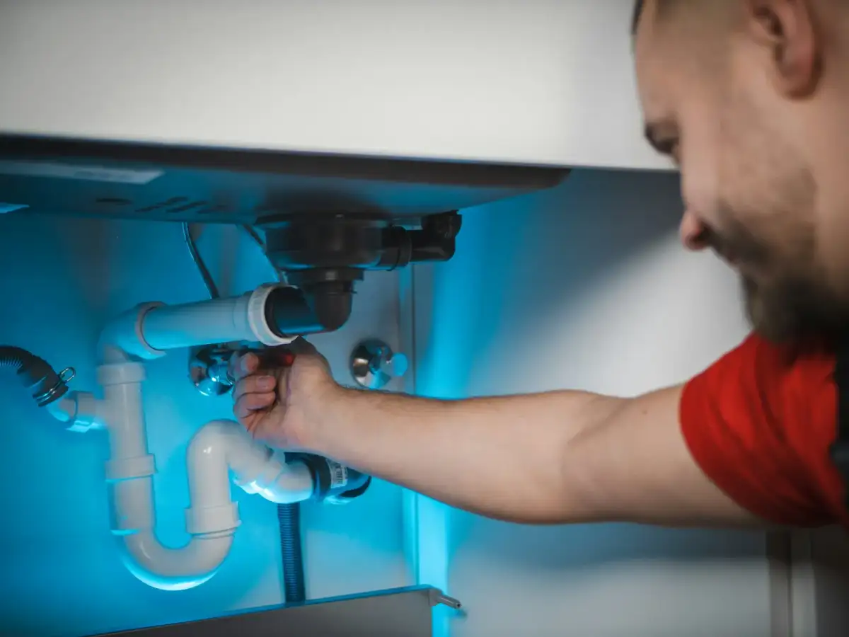 Plumber repairing a pipe connection inside a wall cavity